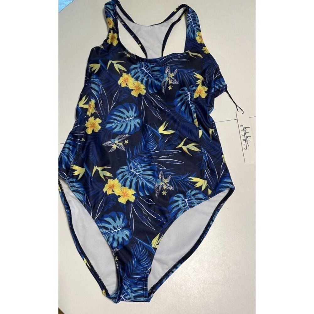 NWT Nicole Miller M Nautical Floral Racer Back One Piece Swimsuit Hawaiian $120